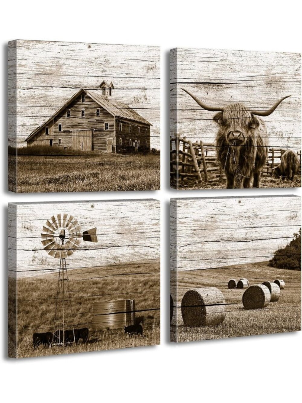 Rustic Highland Cow Canvas Wall Art | Farmhouse Decor, 4 Panel Set, Ready to